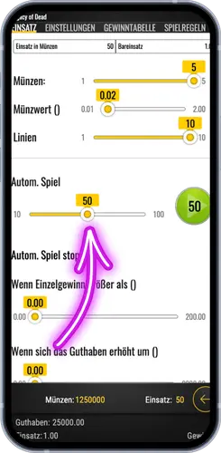 Auto-Spin-Einstellungen im Legacy of Dead Slot – bis zu 100 automatische Runden