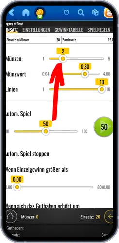 Legacy of Dead Einsatzeinstellungen – Münzwert, Linien und Autospiel konfigurieren