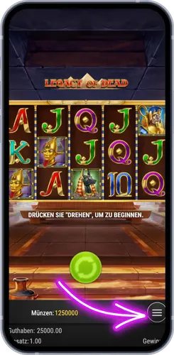 Legacy of Dead Slot – Hauptspielbildschirm mit 5 Walzen auf dem Smartphone