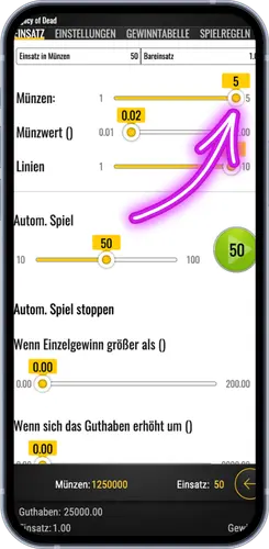Einsatzmenü im Legacy of Dead Slot – Münzwert und Linien einstellen