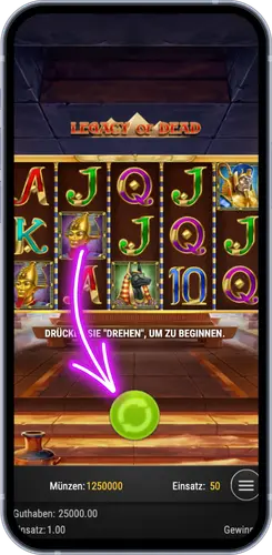 Grüner Spin-Button im Legacy of Dead Slot auf dem Mobilgerät